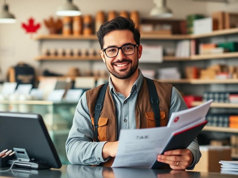 Small business owner reviewing tax documents and benefits with calculator and financial papers