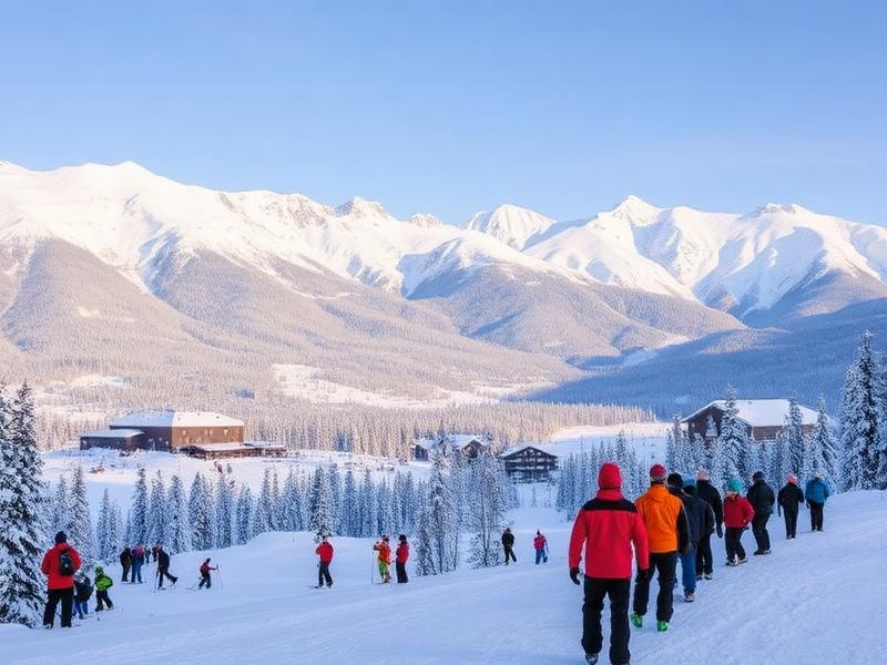 Canadian winter tourism destination with skiers, snow-covered mountains, and bustling ski lodge